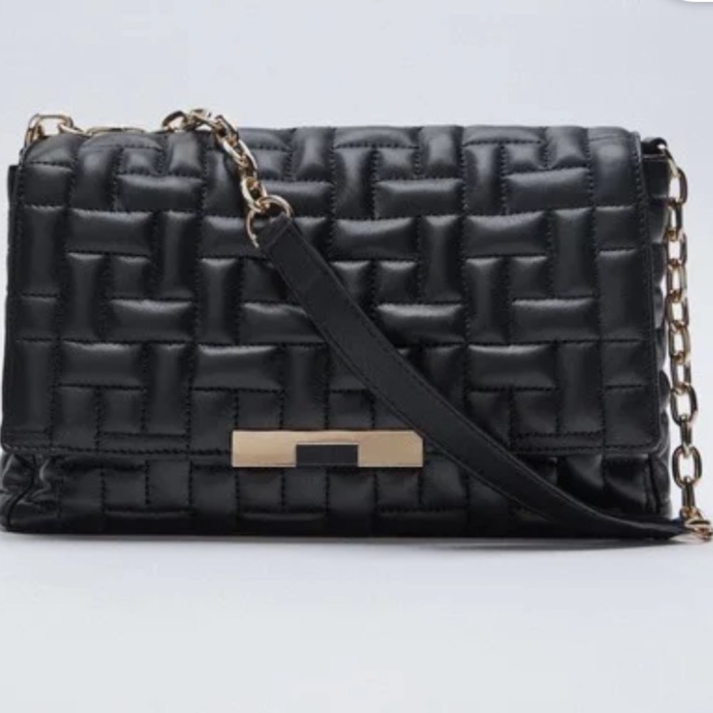 Zara Black Leather Chain Trim Quilted Shoulder Bag.